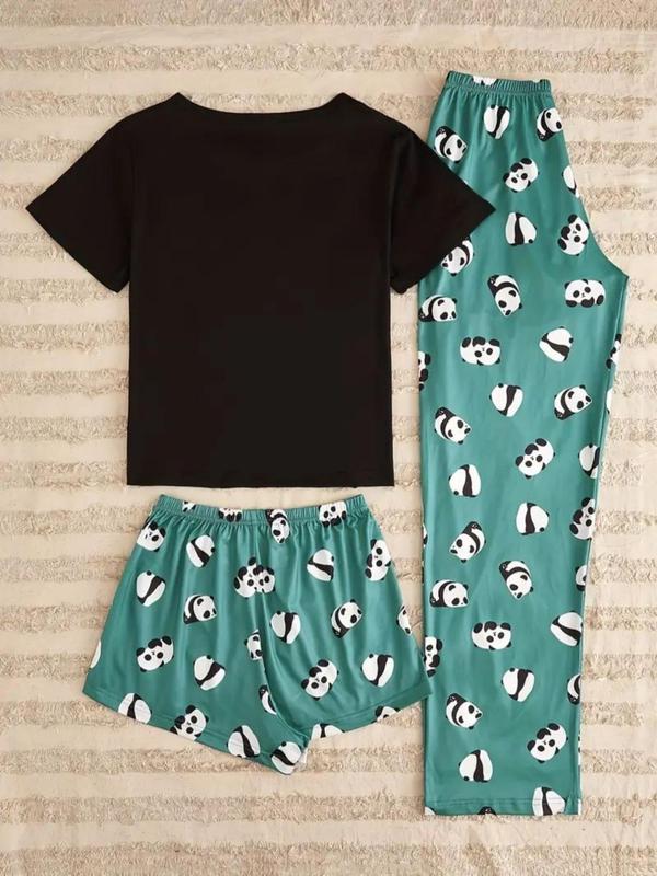 Three-piece Set Women's Cartoon Panda Print Tee & Elastic Waist Shorts & Pants Pyjama Set, Casual Comfy Round Neck Short Sleeve T-shirt & Shorts & Trousers Pj Set, Ladies Sleepwear for All Seasons