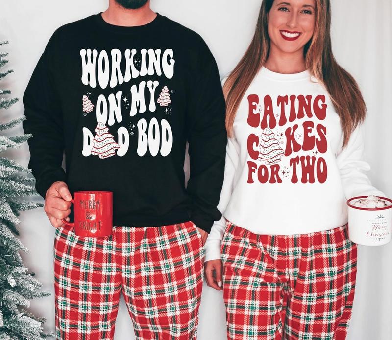 Eating Cakes for Two Sweatshirt, Matching Christmas Pregnancy Announcement Shirt for Couples Mom and Dad Baby Pregnant Holiday Maternity Sweatshirt