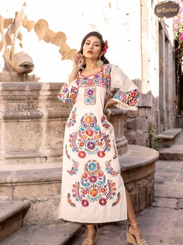 Mexican Embroidered Maxi Dress, Wedding Style, Traditional Mexican Dress, Artisanal Mexican Party Dress, Latina Style Dress, Women's Dress