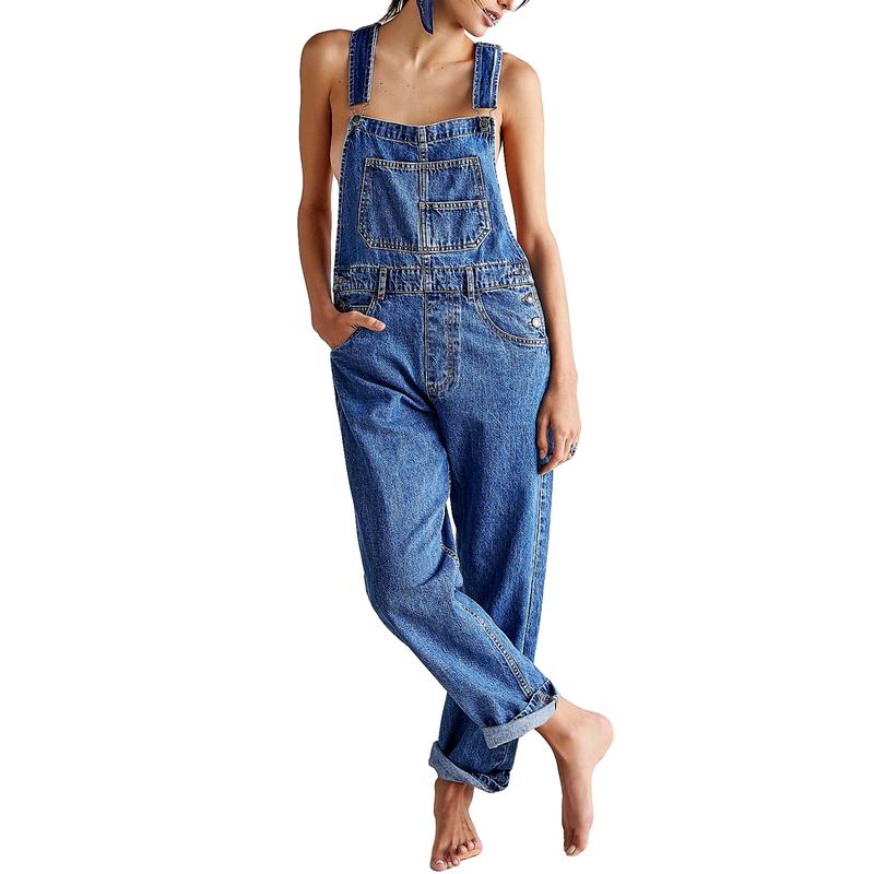 Women Vintage Retro Denim Long Jumpsuit Casual Spaghetti Strap Straight Romper Suspender Pants Summer Baggy Bib Loose Overalls