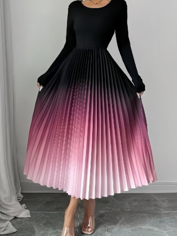 Women's Ombre Print Pleated A Line Dress, Elegant Long Sleeve Round Neck Midi Dress for Party Holiday Wedding Guest, Ladies Clothes for All Seasons