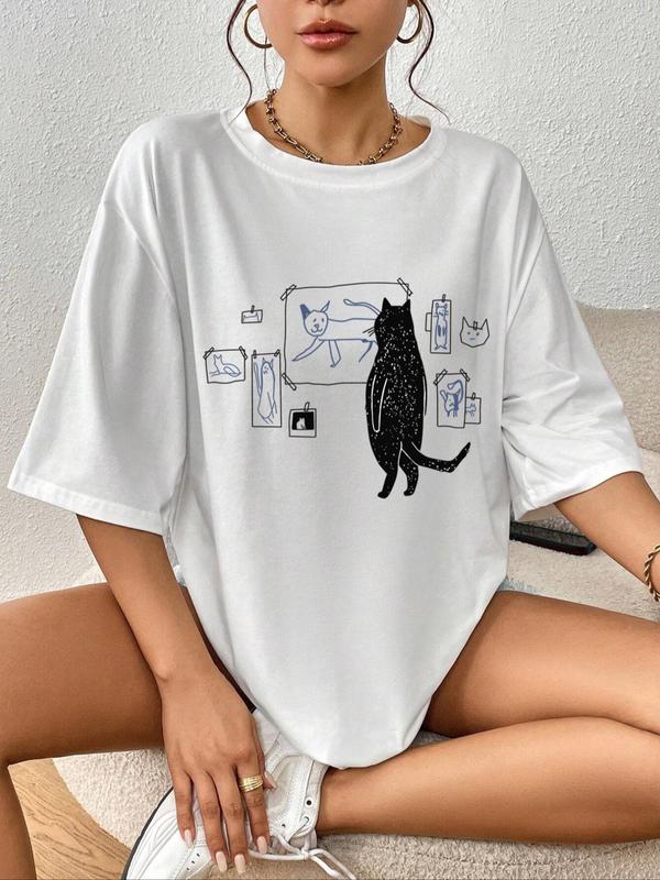 Women's Cartoon Cat Print Drop Shoulder Tee, Casual Half Sleeve Round Neck T-shirt, Vintage Graphic Tees, Summer Clothes Women, Graphic Tees, Ladies Clothing for Daily Wear