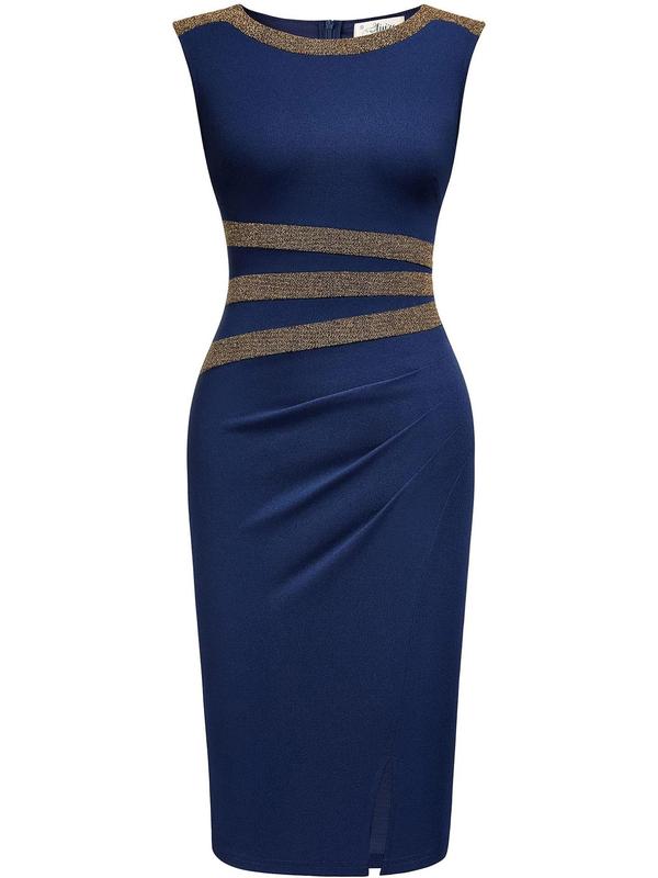 Women's Colorblock Split Round Neck Bodycon Dress, Elegant Sleeveless Knee Length Dress for Party Holiday Wedding Guest, Ladies Clothes for All Seasons