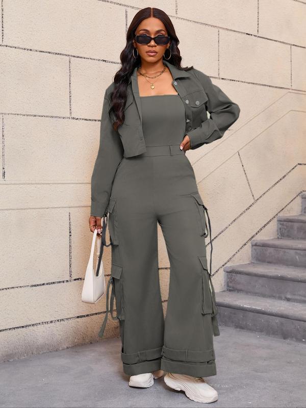 Two-Piece Set Women's Solid Color Button Pocket Crop Top & Jumpsuit Set, Casual Fashion Cozy Pants Sets for Daily Outdoor Wear, Ladies Matching Sets for All Seasons