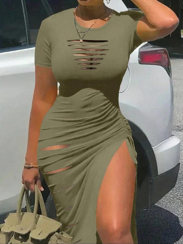 Women's Plain Cut Out Ripped Split Thigh Bodycon Dress, Solid Round Neck Short Sleeve Drawstring Side Ruched Midi Dress for Party Club Dating Wear, Dresses for Women, Women's Clothing, Ladies Clothes for All Seasons