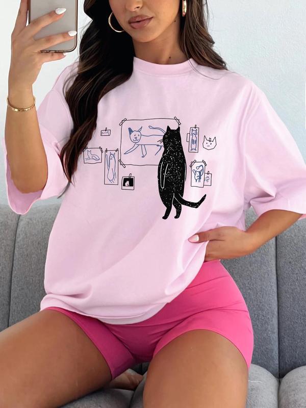 Women's Cartoon Cat Print Drop Shoulder Tee, Casual Half Sleeve Round Neck T-shirt, Vintage Graphic Tees, Summer Clothes Women, Graphic Tees, Ladies Clothing for Daily Wear