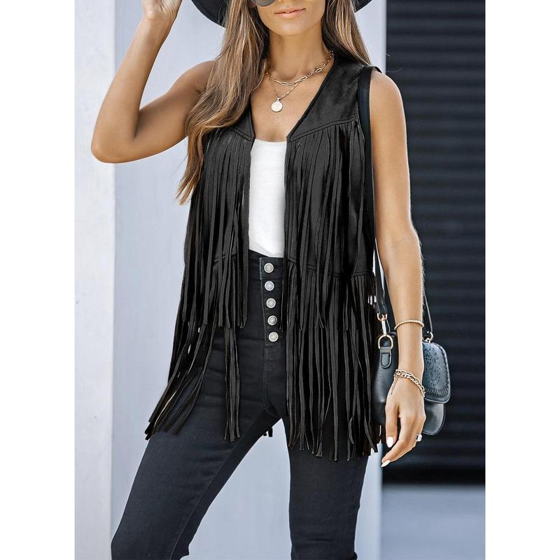 Dokotoo Womens Fringe Vest 70s Hippie Costume Sleeveless Cowgirl Western Faux Suede Tassel Leather Outerwear