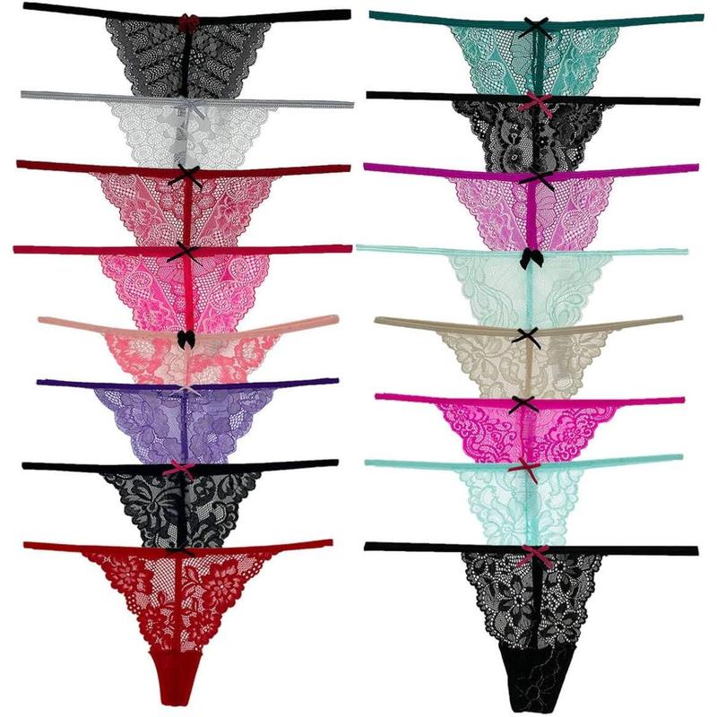 Pack of 6 Women Lacy G-String Thongs No Show Panties Sexy Underwear Assorted Lace Pattern and Colors