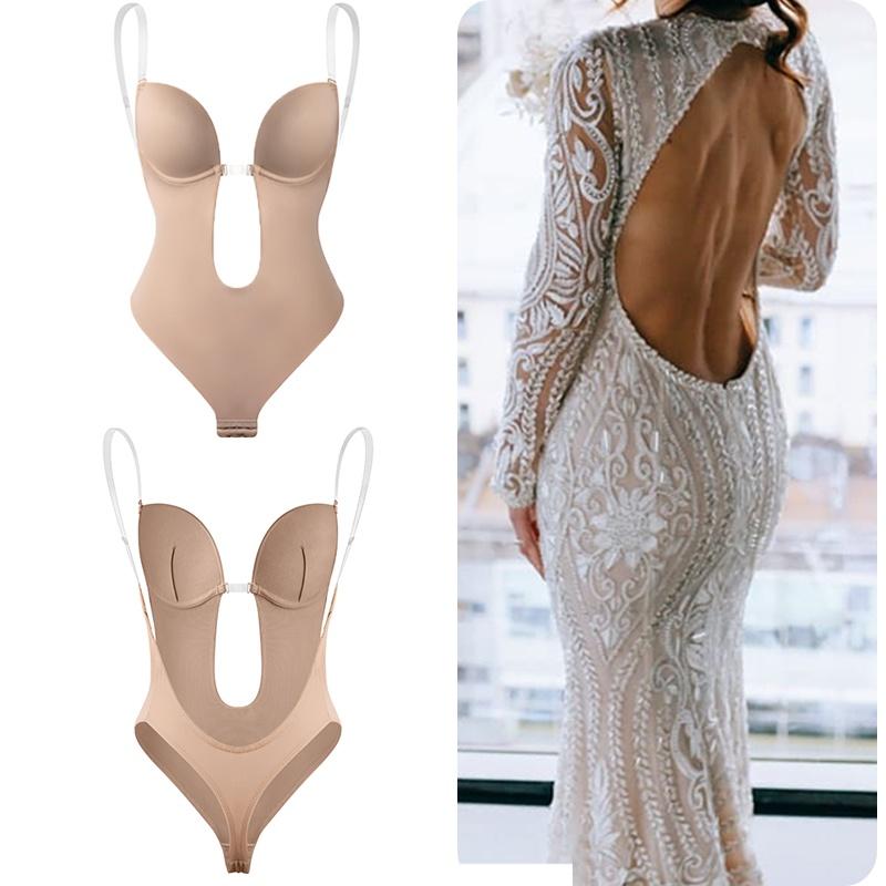 Women's Backless Body Shaper Bra U Plunge Seamless Low Back Thong Shapewear Deep V Full Body Bodysuit