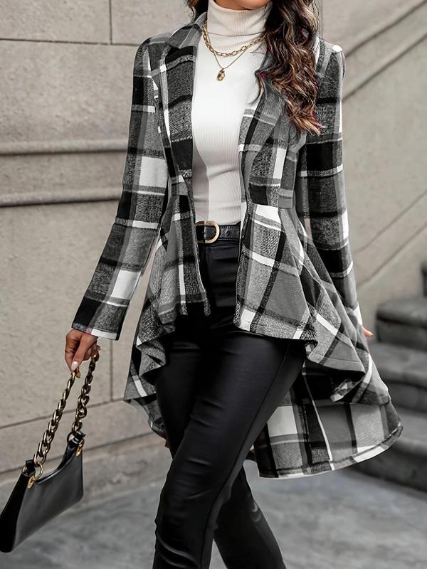 Women's Plaid Print Button High Low Hem Jacket, Casual Long Sleeve Lapel Neck Open Front Outerwear for Fall & Winter, Ladies Clothes for Daily Wear