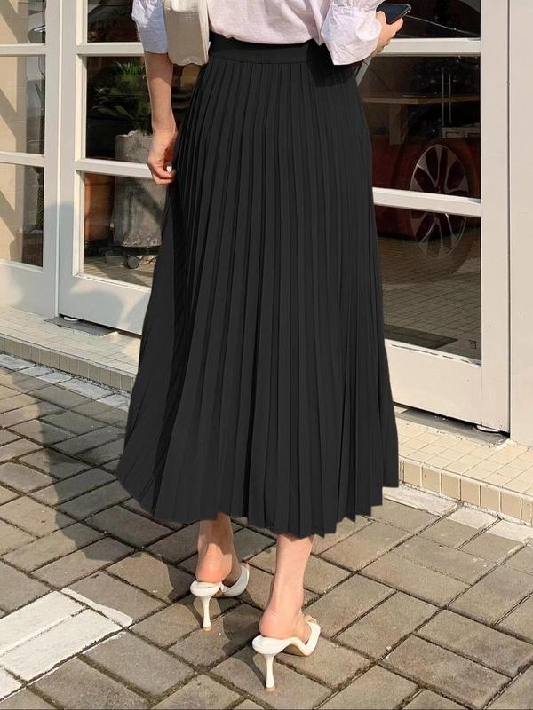 Women's Solid Pleated Skirt, Elegant Fashion Casual Long Skirt for Work Office Business, Ladies Bottoms for All Seasons