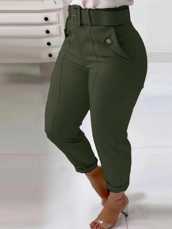  Solid Button Pocket Belted Pants, Casual Comfy Zipper Trousers for Daily Outdoor Wear, Back-to-School Clothing, Women's Bottoms for All Seasons, Fall Outfits, Earthtone Fallfreshness, Downtown Girl Clothes