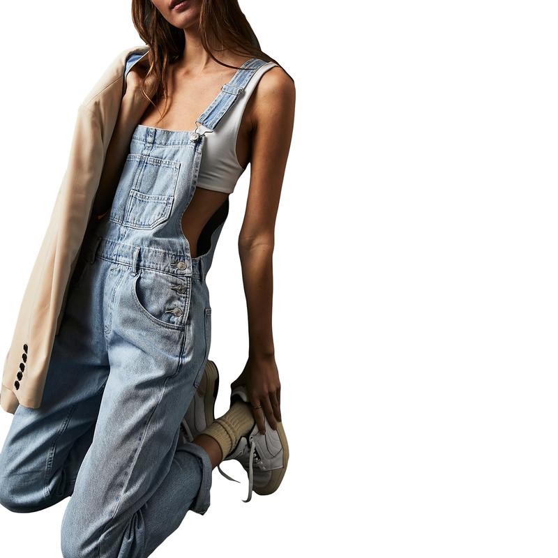 Women Vintage Retro Denim Long Jumpsuit Casual Spaghetti Strap Straight Romper Suspender Pants Summer Baggy Bib Loose Overalls