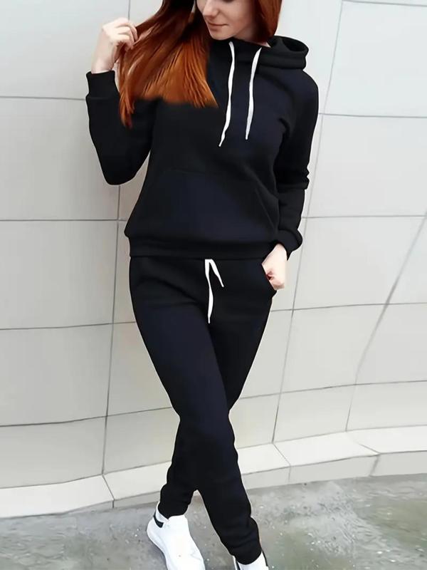 Women's Solid Drawstring Pocket Hoodie & Sweatpants Set, Casual Long Sleeve Hooded Sweatshirt & Jogger Pants, Women's Spring & Fall Clothes