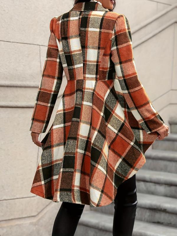 Women's Plaid Print Button High Low Hem Jacket, Casual Long Sleeve Lapel Neck Open Front Outerwear for Fall & Winter, Ladies Clothes for Daily Wear