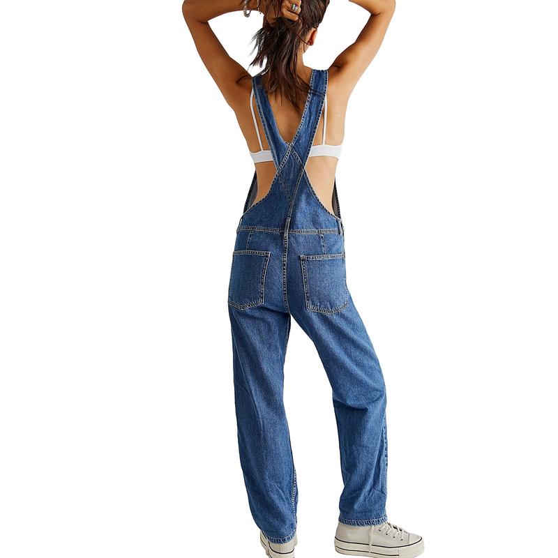 Women Vintage Retro Denim Long Jumpsuit Casual Spaghetti Strap Straight Romper Suspender Pants Summer Baggy Bib Loose Overalls