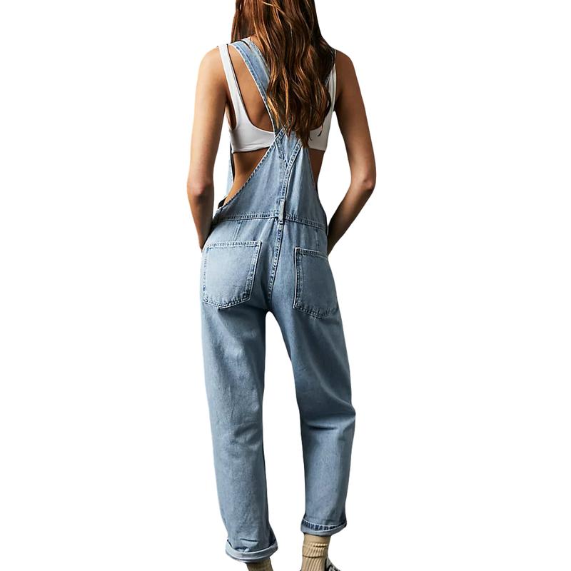 Women Vintage Retro Denim Long Jumpsuit Casual Spaghetti Strap Straight Romper Suspender Pants Summer Baggy Bib Loose Overalls