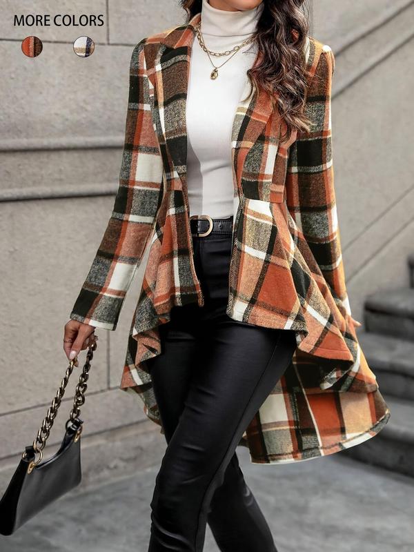 Women's Plaid Print Button High Low Hem Jacket, Casual Long Sleeve Lapel Neck Open Front Outerwear for Fall & Winter, Ladies Clothes for Daily Wear