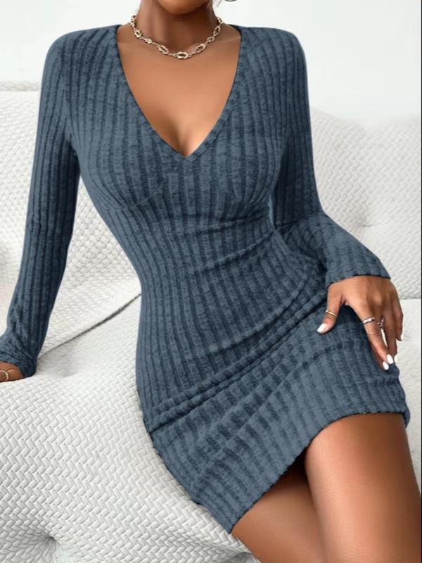 Women's Striped  Deep V Neck Bodycon Dress, Casual Long Sleeve Tight Sleeve Short Dress for Fall & Winter, Ladies Clothes for Daily Wear