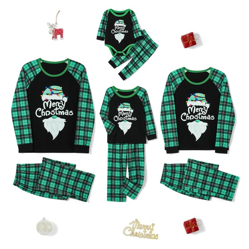 Matching Family Pajamas Sets Christmas PJ's Long Sleeve Letters Print T-shirt Green Plaid Pants Sleepwear Loungewear Nightwear