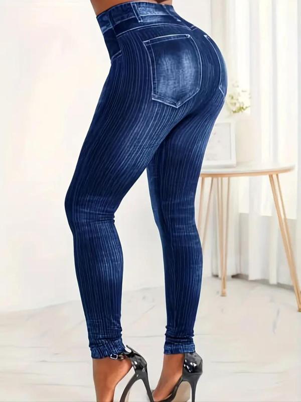 Women's Denim-Effect Print High Waist Vintage Leggings, Casual Comfy Elastic Waist Skinny Pants for Daily Wear, Ladies Bottoms for All Seasons