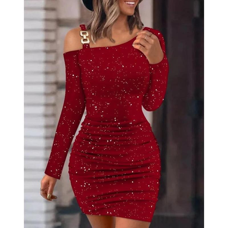 Womens Dresses 2023 Summer Fashion Glitter Print Cold Shoulder Ruched Casual Plain Long Sleeve Bodycon Daily Mini A Line Dress