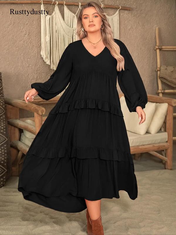  Plain Lantern Sleeve Tiered Ruffle Trim Smock Dress, Birthday Dress for Women, Elegant V Neck Long Sleeve Dress for Vacation Party Wedding Guest, Women's Clothes for All Seasons  Moo Moo Dresses