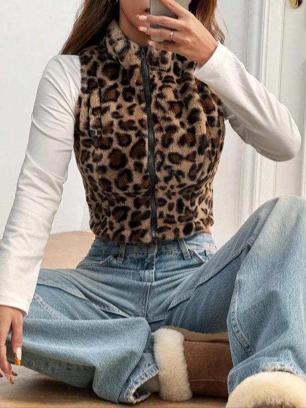 Women's Leopard Print Zip Up Crop Vest Jacket, Casual Fashion Stand Collar Sleeveless Plush Outerwear for Daily Outdoor Wear, Women Clothing for Fall & Winter