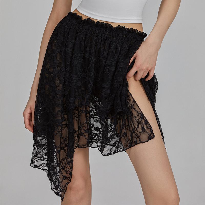 Women Y2k Lace Mini Skirts Summer Irregular Hem Lace Slip Skirt Pleated Ruffle Floral Lace Tiered Short Skirts Underskirt mini casual