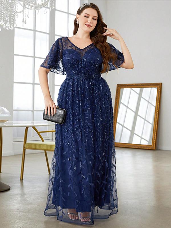  Leaf Embroidery Contrast Sequin Sheer Butterfly Sleeve Evening Dress, Elegant V Neck Half Sleeve Long Dress for Party & Banquet, Women's Clothes for All Seasons