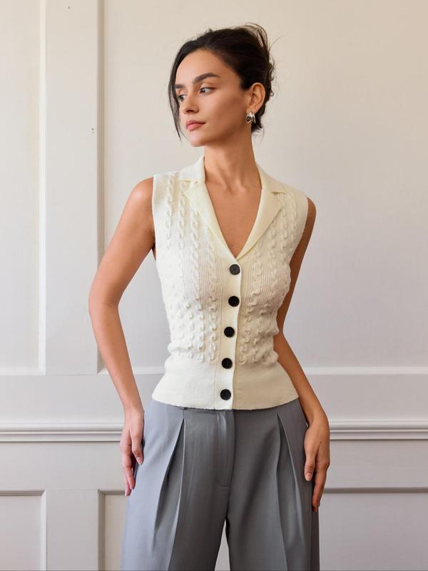 Women's Plain Button Front Lapel Sweater Vest Cardigan, Casual Sleeveless Cardigan Vest for Daily Wear, Ladies Knitwear for All Seasons