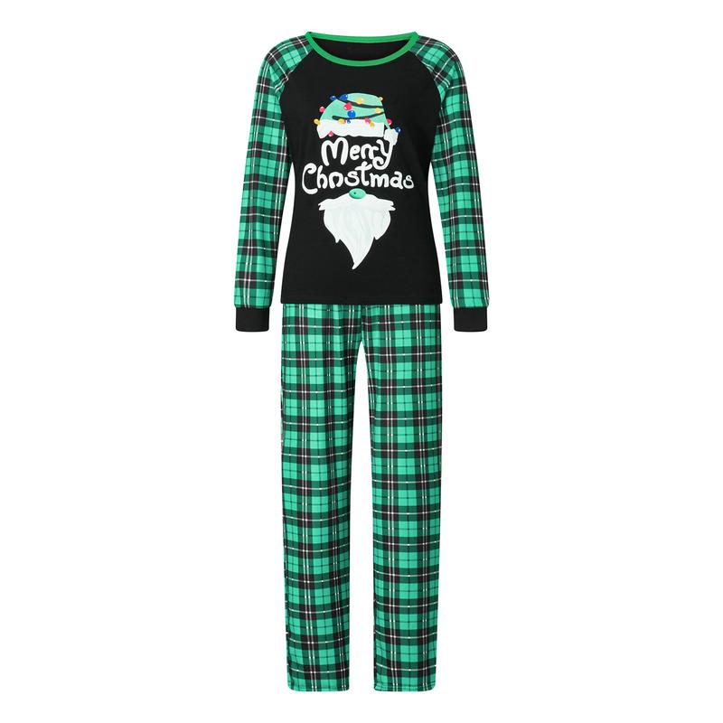 Matching Family Pajamas Sets Christmas PJ's Long Sleeve Letters Print T-shirt Green Plaid Pants Sleepwear Loungewear Nightwear