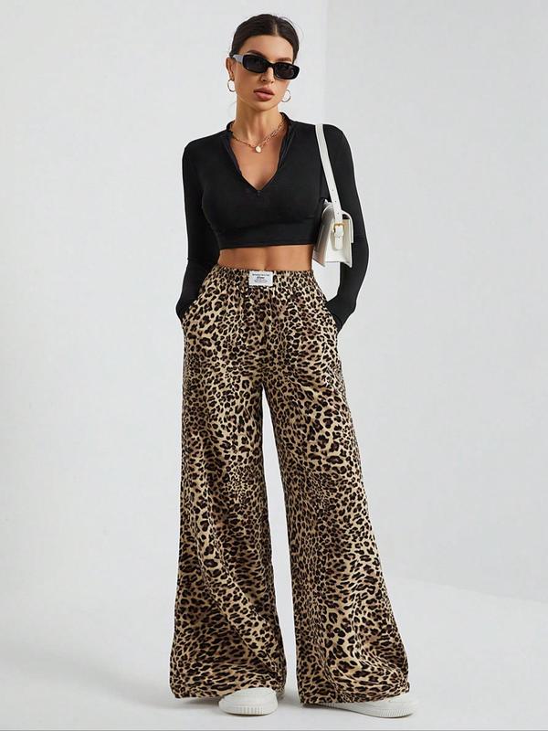 Women's Leopard Print Pocket Wide Leg Lounge Pants, Casual Comfy Trousers for Daily Wear, Ladies Sleepwear for All Seasons