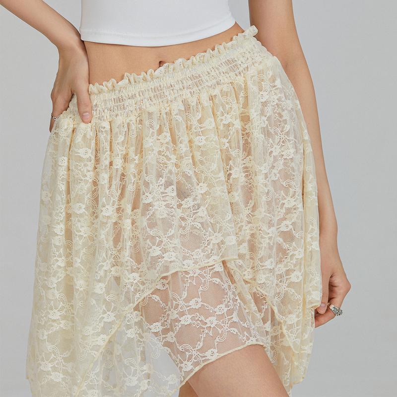 Women Y2k Lace Mini Skirts Summer Irregular Hem Lace Slip Skirt Pleated Ruffle Floral Lace Tiered Short Skirts Underskirt mini casual