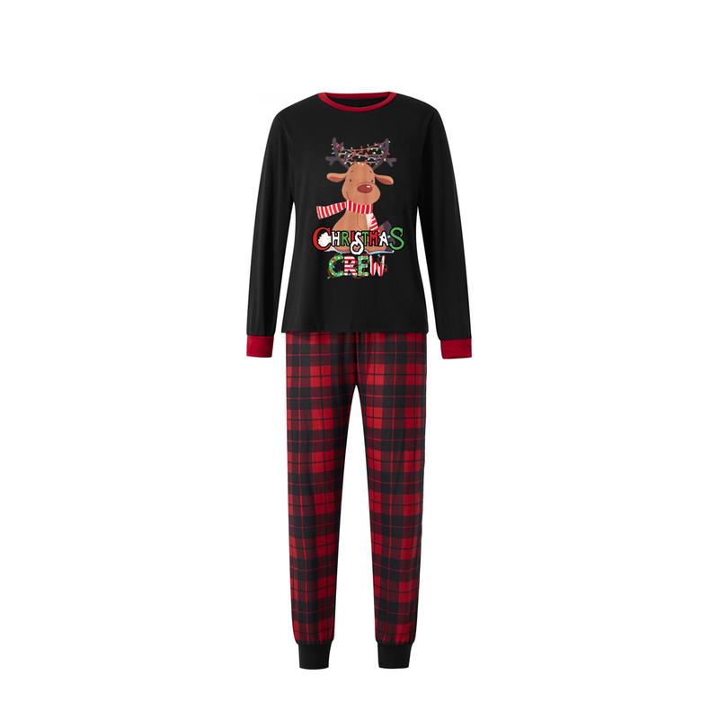 Christmas Family Matching Pajamas Set Elk Print Long Sleeve Shirt and Red Plaid Pants Loungewear Soft Sleepwear Outfits for Parent-Child Mom Dad Kids Baby Holiday Pjs Sets