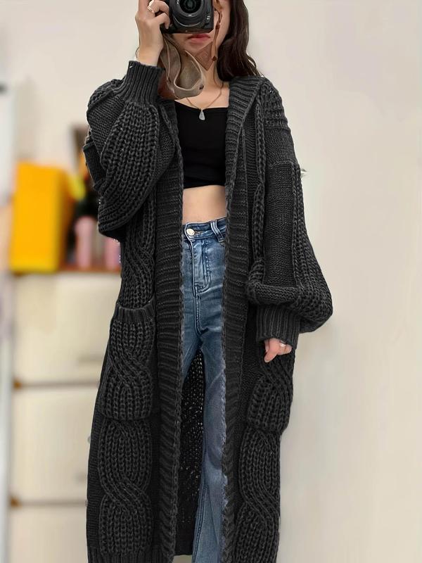 Women's Solid Drop Shoulder Long Sleeve Cable Knit Longline Cardigan, Casual Pocket Hooded Knitwear for Fall & Winter,  Cardigan for Women, Fashion Ladies' Knit Clothing for Daily Wear