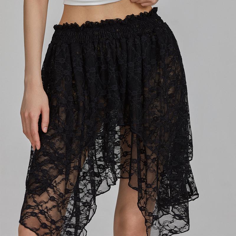 Women Y2k Lace Mini Skirts Summer Irregular Hem Lace Slip Skirt Pleated Ruffle Floral Lace Tiered Short Skirts Underskirt mini casual