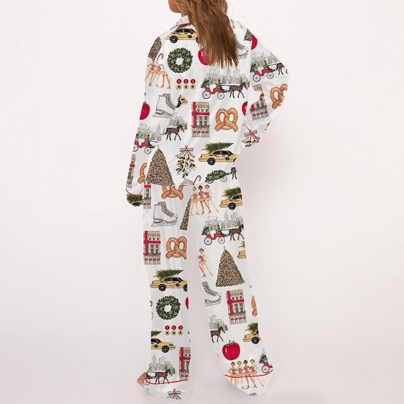 Christmas In New York Satin Pajama Set For Women Print Comfy Satin Sleepwear & Loungewear Pjs Printing Silky Top & Bottoms - SHESHOW