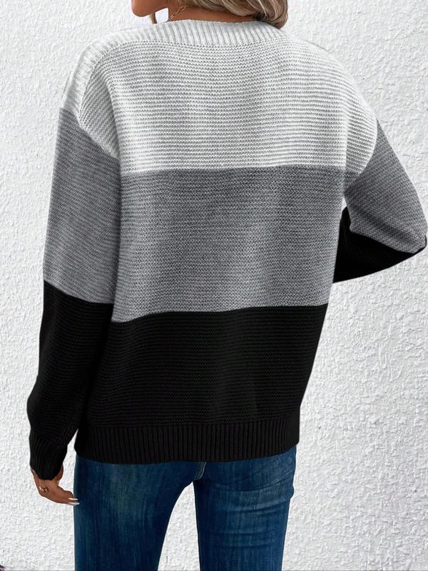 Women's Colorblock Print Sweater, Casual Long Sleeve Jumper for Fall & Winter, Fashion Ladies' Knitwear for Daily Wear