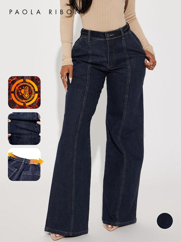 Women's Plain Pocket Elastic Waist Wide Leg Jeans, Casual Pants Comfy Button & Zipper Fly Elastic Waist Trousers for Daily Wear, Ladies Bottoms for All Seasons