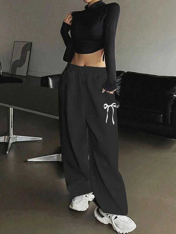 Women's Cartoon Bow Print Elastic Waist Sweatpants, Casual Pocket Wide Leg Trousers for Fall & Winter, Women's Bottoms for Daily Wear