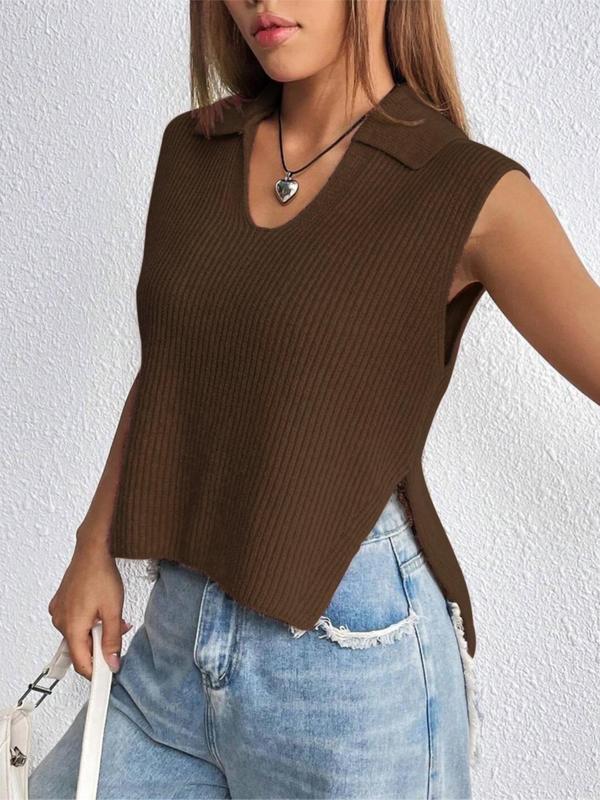 Women's Plain Split Hem Sweater Vest, Casual Solid Collar Sleeveless Knitwear Top for Summer, Knit Tank Tops for Women, Fashion Ladies' Knit Clothing for Daily Wear,  Downtown Girl Clothes