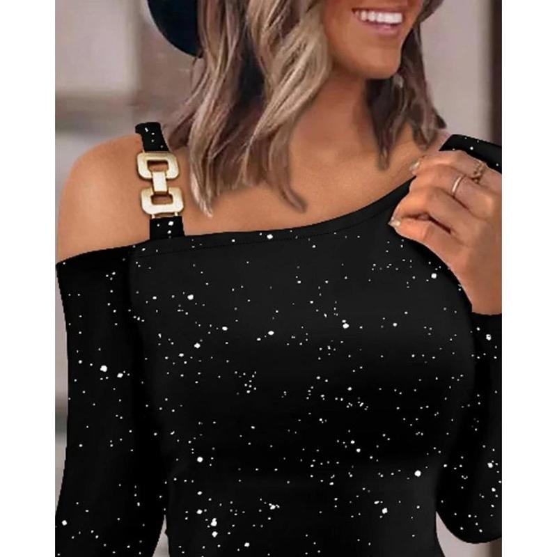 Womens Dresses 2023 Summer Fashion Glitter Print Cold Shoulder Ruched Casual Plain Long Sleeve Bodycon Daily Mini A Line Dress