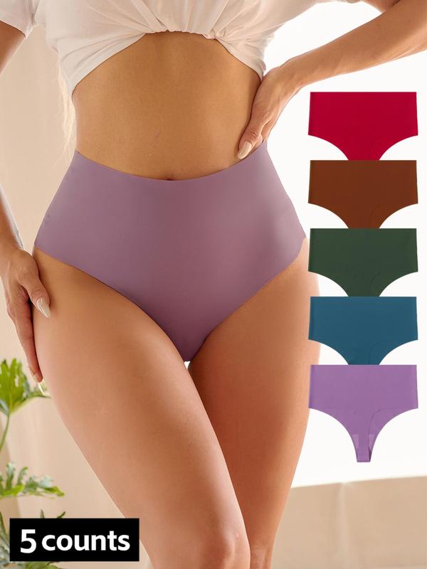 Women's 5pcs Solid High Waist Seamless Thong, Breathable Comfortable Panty for Daily Wear, Ladies Underwear for All Seasons