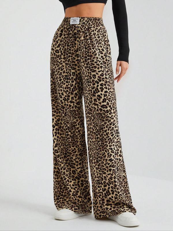 Women's Leopard Print Pocket Wide Leg Lounge Pants, Casual Comfy Trousers for Daily Wear, Ladies Sleepwear for All Seasons