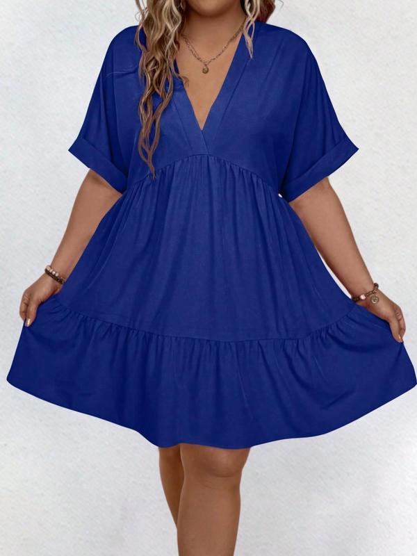  Plain V Neck Batwing Sleeve Ruffle Hem Smock Dress, Casual Short Sleeve V Neck Dress for Daily Outdoor Wear, Summer Casual Wear Clothes, Women Back To School Clothing for All Seasons, Summer Dresses 2024, Dresses for Women