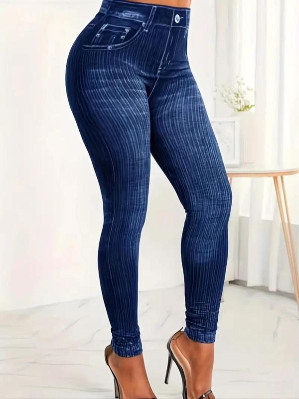 Women's Denim-Effect Print High Waist Vintage Leggings, Casual Comfy Elastic Waist Skinny Pants for Daily Wear, Ladies Bottoms for All Seasons