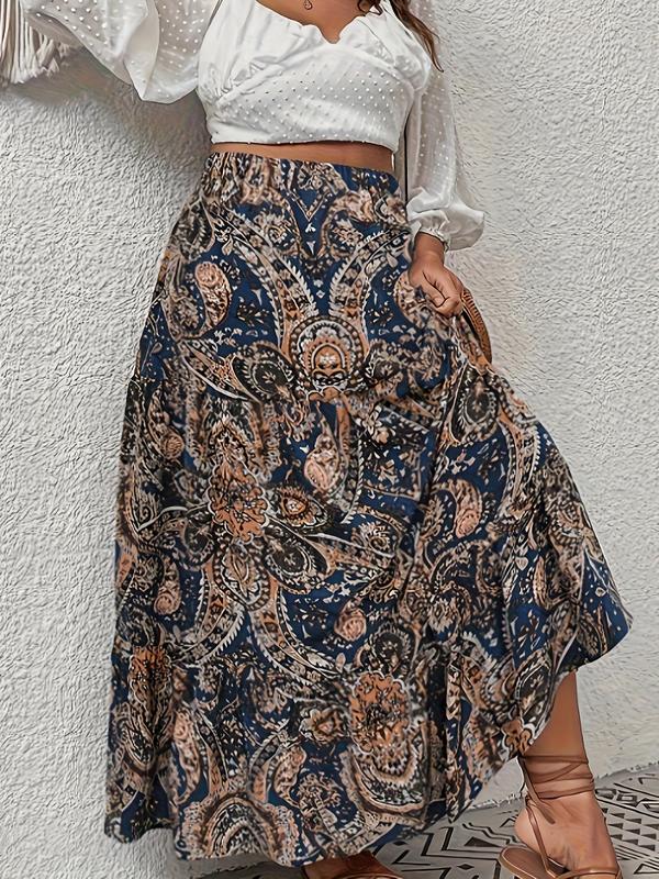  All Over Print Ruffle Hem Skirt, Boho Fashion Long Skirt for Daily Holiday Vacation Wear, Women's Bottoms for Summer