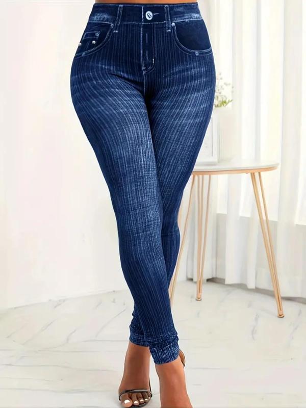 Women's Denim-Effect Print High Waist Vintage Leggings, Casual Comfy Elastic Waist Skinny Pants for Daily Wear, Ladies Bottoms for All Seasons