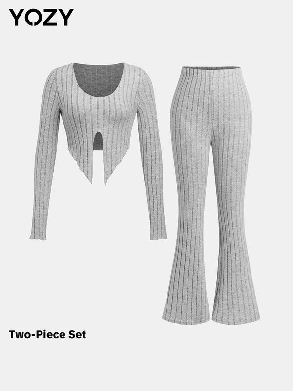 YOZY Solid Split Hem Ribbed Crop Top & Flare Leg Pants Set  Casual Fashion Cozy Round Neck Long Sleeve Top & Bell Bottom Trousers, 2024 Women's All Season Outfits for Daily Outdoor Wear